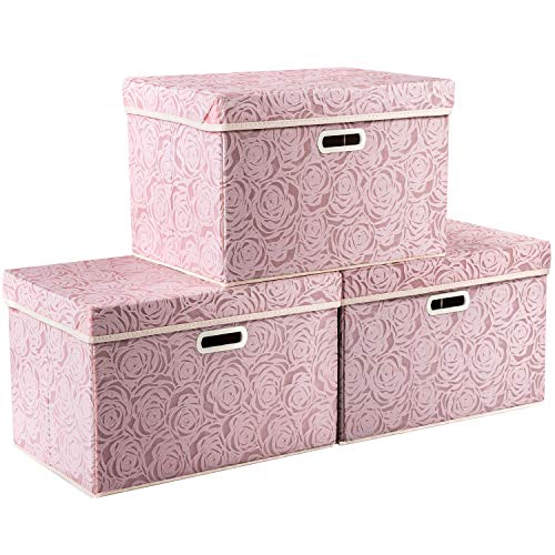 PRANDOM Larger Collapsible Storage Boxes with Lids Fabric Decorative Bins Cubes Organizer Containers Baskets Handles Divider for Bedroom Closet Living Room Pink 17.7x11.8x11.8 Inch 3 Pack - Image 1