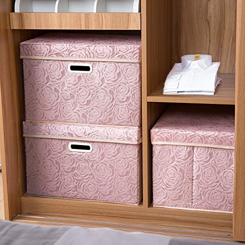 PRANDOM Larger Collapsible Storage Boxes with Lids Fabric Decorative Bins Cubes Organizer Containers Baskets Handles Divider for Bedroom Closet Living Room Pink 17.7x11.8x11.8 Inch 3 Pack - Image 3