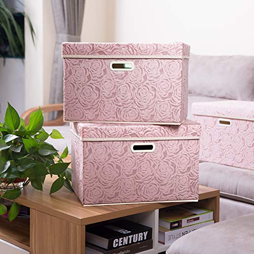 PRANDOM Larger Collapsible Storage Boxes with Lids Fabric Decorative Bins Cubes Organizer Containers Baskets Handles Divider for Bedroom Closet Living Room Pink 17.7x11.8x11.8 Inch 3 Pack - Image 2