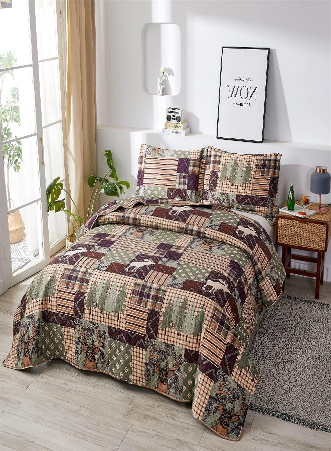 Smuge 3-Piece Moose Pine Tree Reversible Quilt Set, Checked Color Stripe Rustic Home Lodge The Wilds Quilted Bedspread Coverlet Bedding Set, Lightweight Breathable for All Season (Full/Queen, White Deer) - Image 1