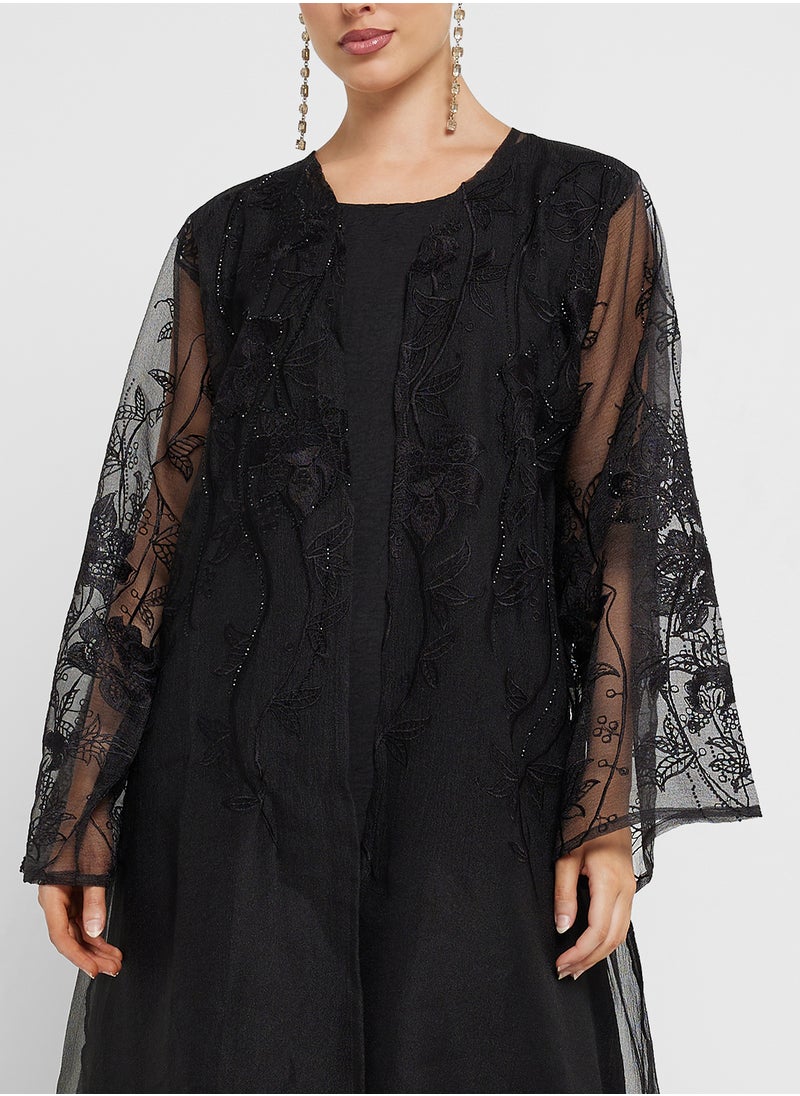 hayas closet Embellished Black Abaya with Sheila  - Image 3