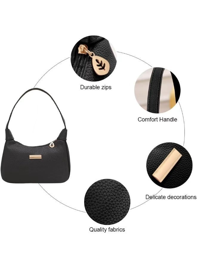 SHABILI Women’s PU Multi-Pocket Shoulder Bag Underarm Bag Small Bag, Ladie’s Satchel Bag Coin Purse Tote Bags With Leaf Zipper Charm Zipper Closure Fits For Teenager Youth Daily Casual Party Travel (Black) - Image 4