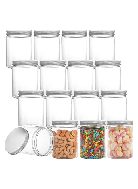 16 Pack Clear Plastic Jars Bottles Containers with Silver Ribbed Lids Straight Cylinders Storage Canisters for Food and Home Storage