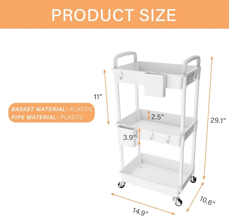 عربة تسوق متعددة الاستخدامات بثلاثة أرفف مع مقبض من REBECAT، أداة تنظيم وتخزين متعددة الوظائف للمطبخ والحمام وغرفة المعيشة والمكتب (أبيض) - Image 5