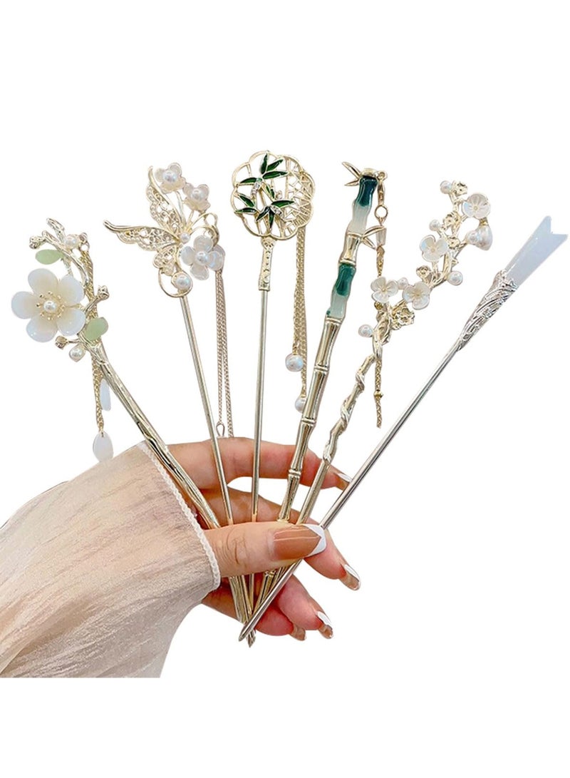 6 دبوس شعر للسيدات مع قلادة، أعواد شعر، أعواد شعر معدنية عتيقة، طراز تقليدي، مناسب للبنات والنساء - Image 1