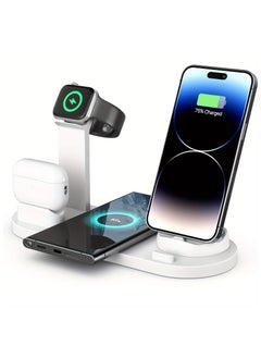 أفاق محطة شحن لاسلكي 4 في 1 باللون الأبيض، شاحن لاسلكي سريع بقوة 15 واط لـ AirPods/iWatch/Phone، شاحن لاسلكي لشحن عدة أجهزة في وقت واحد  - Image 1