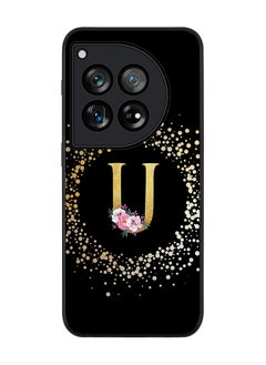 Rugged Black edge case for OnePlus 12R / OnePlus Ace 3 5G, Slim fit Soft Cover - Custom Monogram Initial Letter Floral Pattern Alphabet - U ( Black)