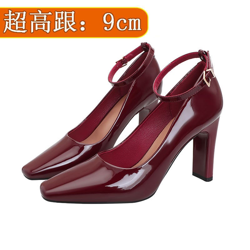 Red High Heels Chunky Heel 9Cm One-Word Belt Black Elegant Dress Professional High Heel Shoes - Image 1