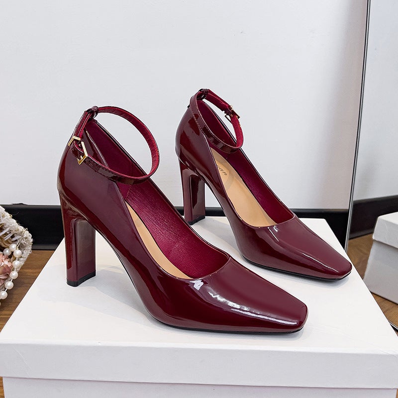 Red High Heels Chunky Heel 9Cm One-Word Belt Black Elegant Dress Professional High Heel Shoes - Image 5