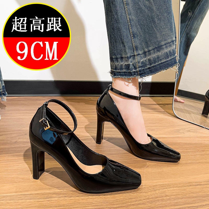 Red High Heels Chunky Heel 9Cm One-Word Belt Black Elegant Dress Professional High Heel Shoes - Image 4
