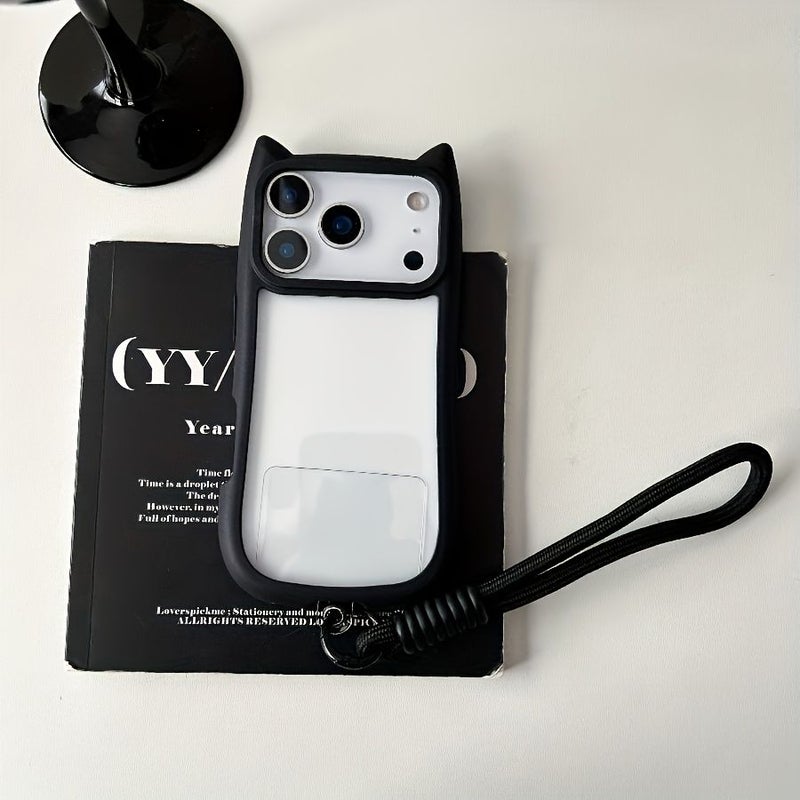 3D Cartoon Cat Ear Hand Strap Phone Case For iPhone 12 Pro Black Anti Fall - Image 1