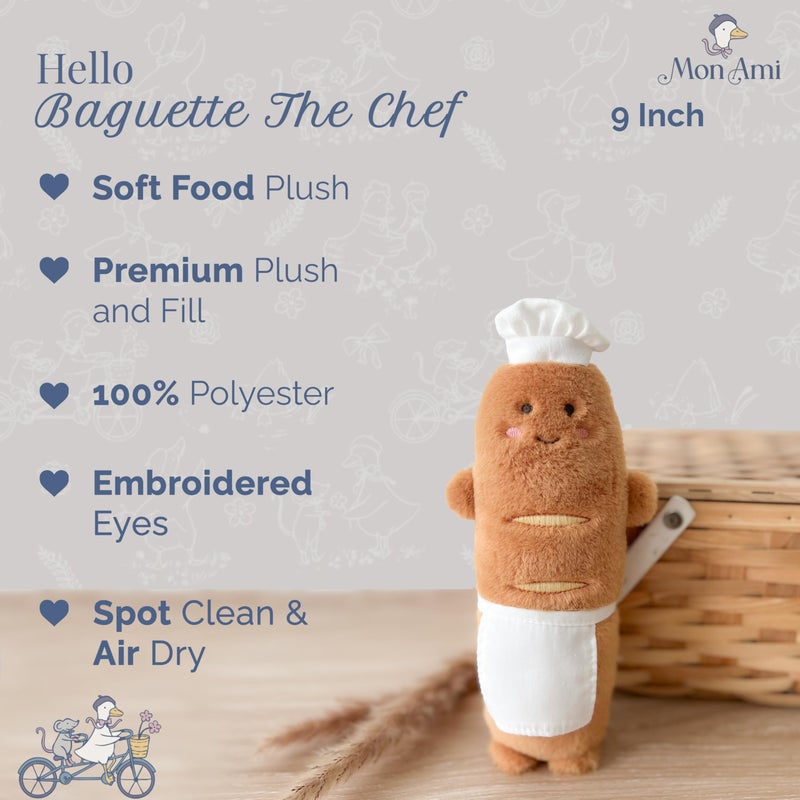 MON AMI Baguette The Chef Plush Toy | 9-Inch Soft Bread Stuffed Doll with Hat & Apron | Adorable Plush Food Toy for Pretend Play & DÃ©cor for All Ages - Image 2