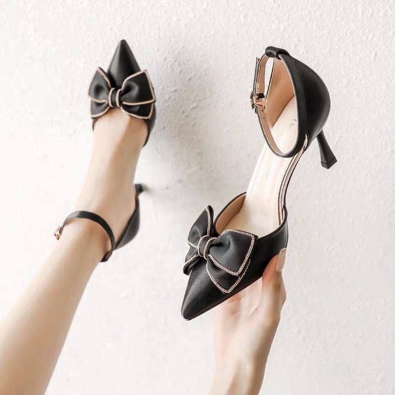 Niche Design Sense Bow One-word Buckle High Heels Womens Stiletto Heel Hollow Fairy Shoes 2024 Summer New Black 7cm