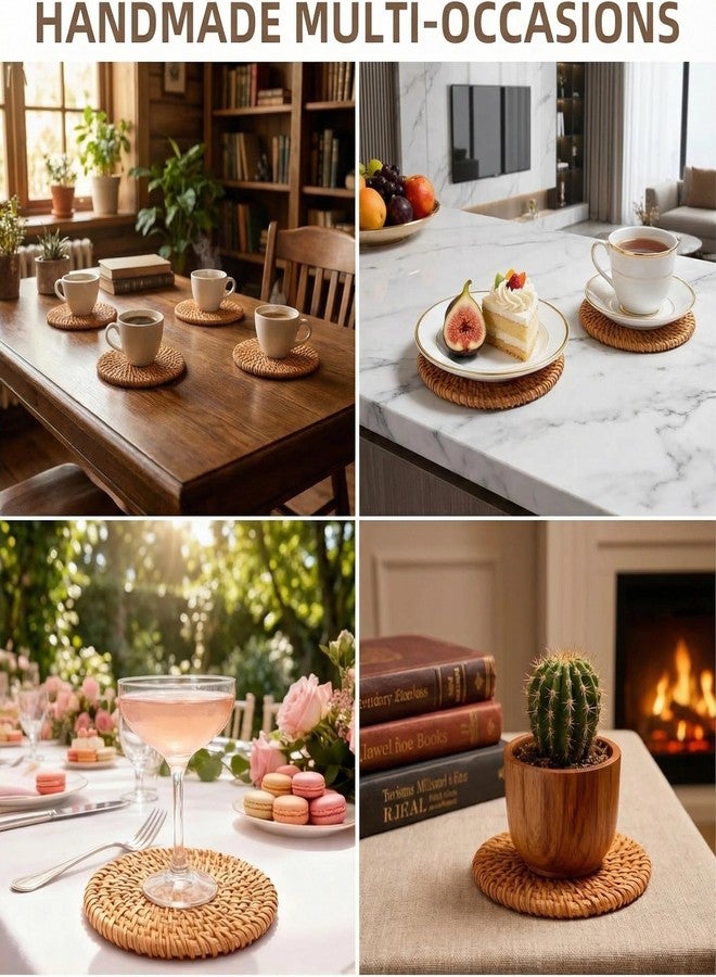 Elfzone Wicker Coasters - 6 PCS 4 in Natural Rattan Coasters Set with Holder｜Wicker Drink Coasters Set for Protecting Table｜Boho Table Protector Gift & Home Decor - Image 5