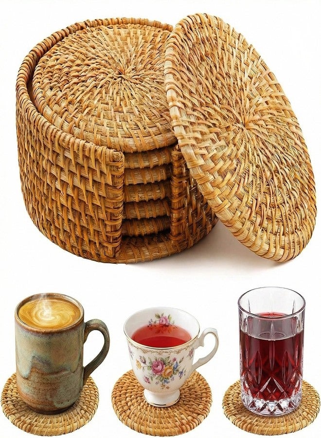 Elfzone Wicker Coasters - 6 PCS 4 in Natural Rattan Coasters Set with Holder｜Wicker Drink Coasters Set for Protecting Table｜Boho Table Protector Gift & Home Decor - Image 1