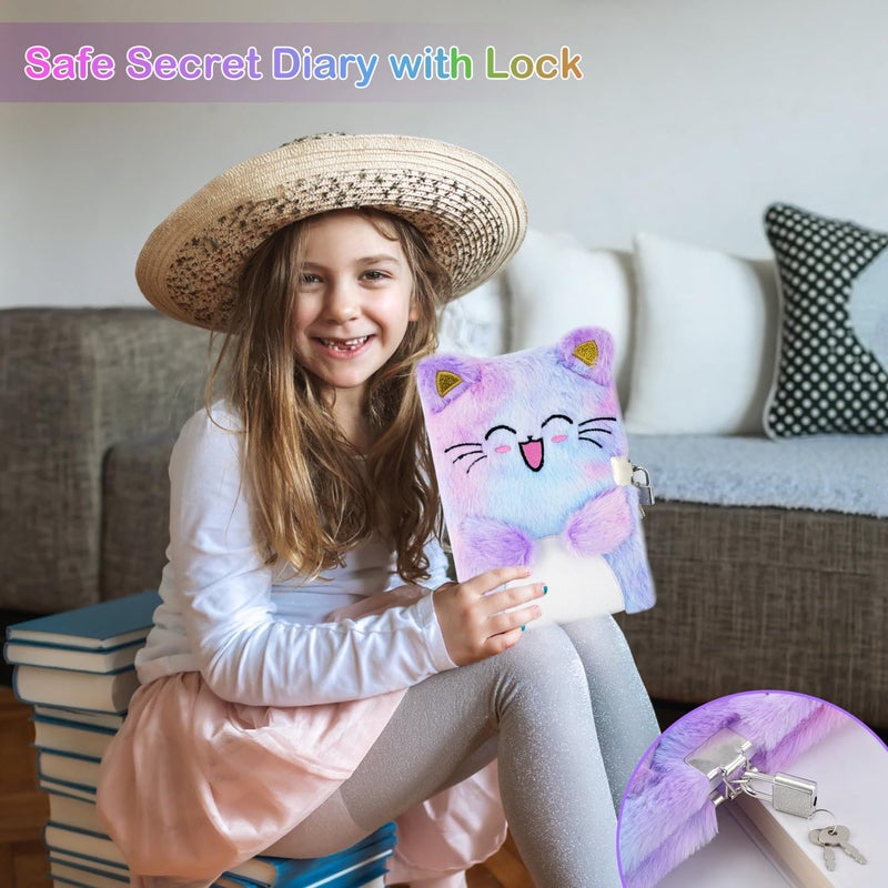 PJDRLLC Cat Diary with Lock, Gift for 6 7 8 Year Old Girl, Secret Diary Journal Notebook with Coin Purse, Multicolored Pen, Post-it Note, Stickers, Practical Gift for Birthday (A Happy Cat) - Image 2