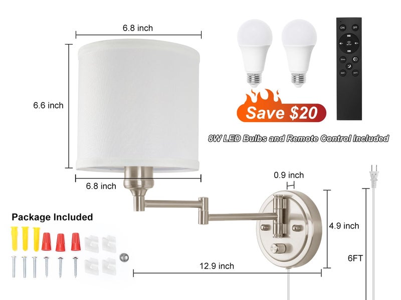 GOODATE Plug in Wall Sconces with Remote Control, Dimming & Adjustable Colors 2700K-6500K, Hardwire or Plug-in, Swing Arm Wall Lamp with White Fabric Shade, Wall Sconces Set of Two, Brushed Nickel Finish - Image 5