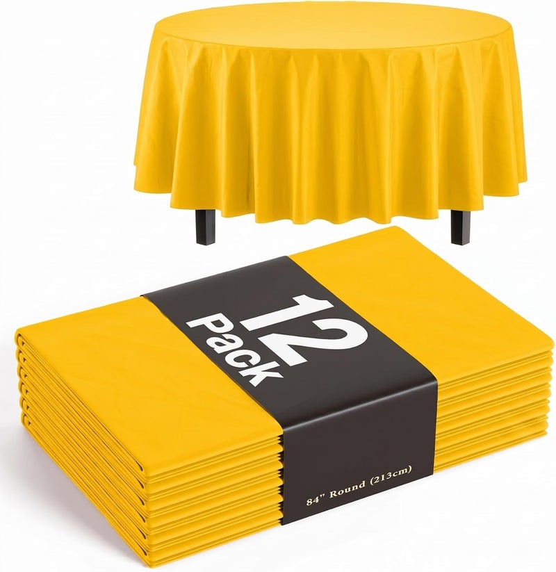 Exquisite 12-Pack Premium Plastic Tablecloth 84in. Round Table Cover - Yellow - Image 1