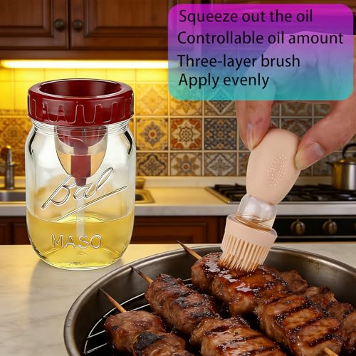 ziHenryDa Oil Sprayer for Mason Jars 70mm, Oil Brush Dispenser for Salads, Grilling, Frying，3 IN 1 Oil Dispenser Bottle with Silicone Basting with Separate old oil(Glass Jars Not Included) (4, Wine Red, 70MM) - Image 2