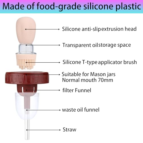 ziHenryDa Oil Sprayer for Mason Jars 70mm, Oil Brush Dispenser for Salads, Grilling, Frying，3 IN 1 Oil Dispenser Bottle with Silicone Basting with Separate old oil(Glass Jars Not Included) (4, Wine Red, 70MM) - Image 5