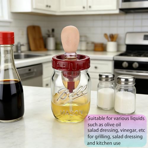 ziHenryDa Oil Sprayer for Mason Jars 70mm, Oil Brush Dispenser for Salads, Grilling, Frying，3 IN 1 Oil Dispenser Bottle with Silicone Basting with Separate old oil(Glass Jars Not Included) (4, Wine Red, 70MM) - Image 4