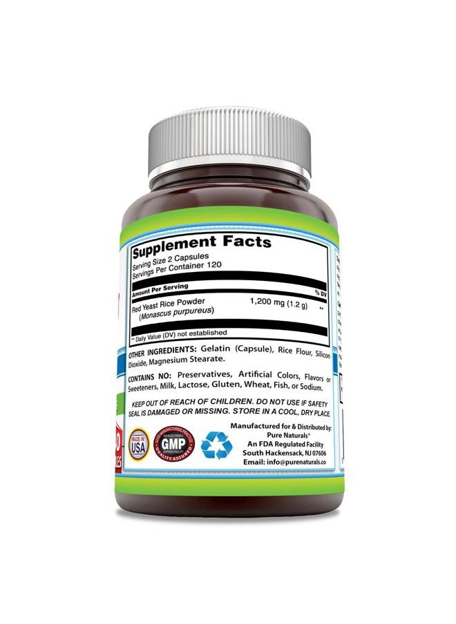 Pure Naturals Red Yeast Rice 1200 Mg per Serving, 240 Capsules Supplement | Non-GMO | Gluten Free | Made in USA  - Image 2