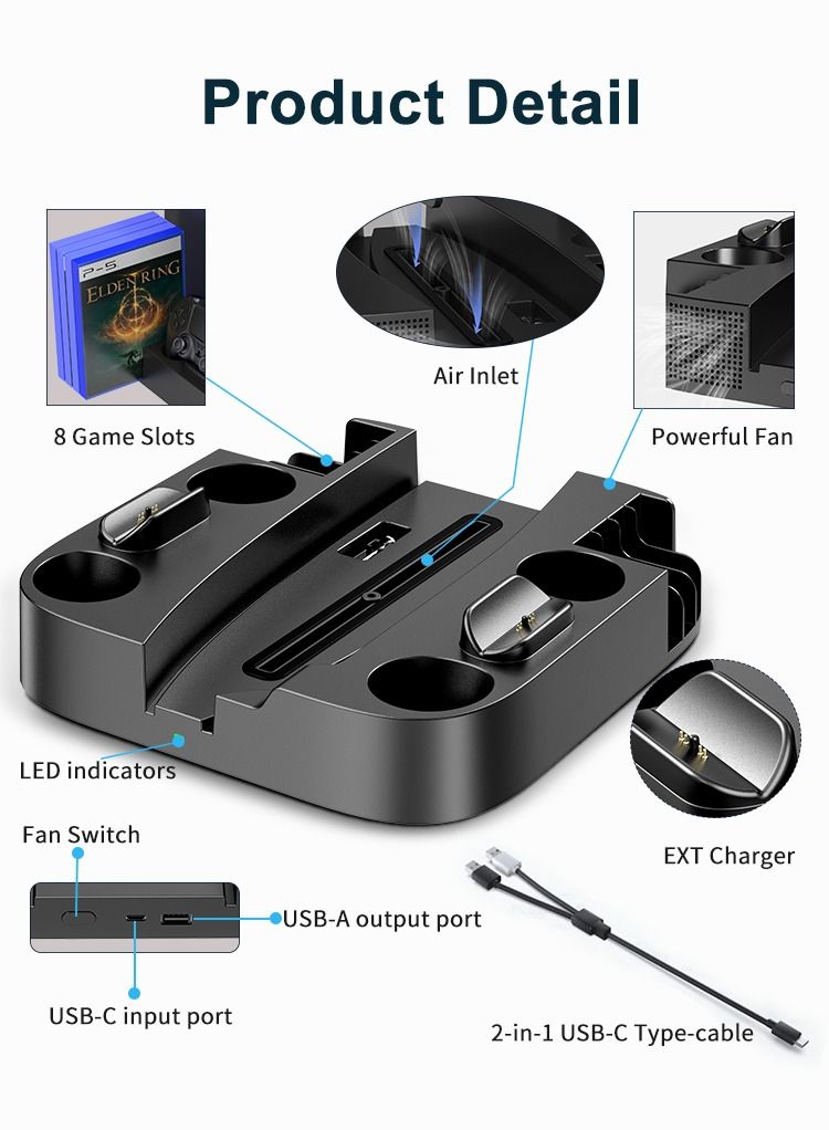 GULFLINK Cooling Stand with Dual Controller Charger Station for PS5 Console Black - Image 5