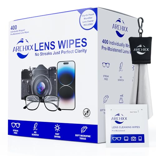 ARCHXX 400 Count Lens Wipes for Eyeglasses 1 ClipOn Pouch Microfiber Lens Cleaner Individually Wrapped PreMoistened Eye Glasses Cleaner Wipes for Glasses Sunglasses Camera Lenses StreakFree - Image 1