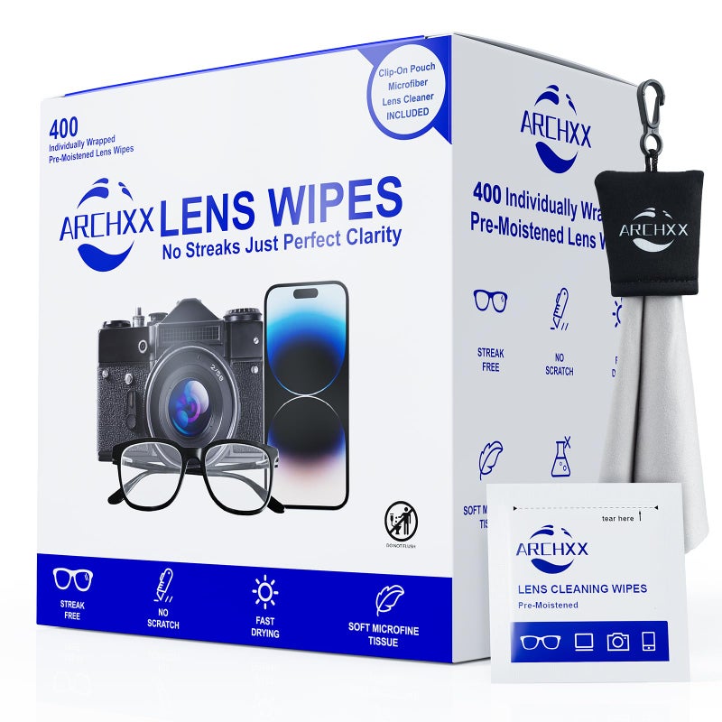 ARCHXX 400 Count Lens Wipes for Eyeglasses 1 ClipOn Pouch Microfiber Lens Cleaner Individually Wrapped PreMoistened Eye Glasses Cleaner Wipes for Glasses Sunglasses Camera Lenses StreakFree - Image 2