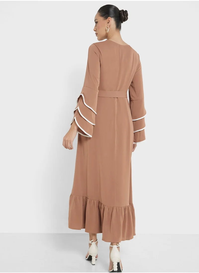 Khizana Contrast Trim Belted Dress