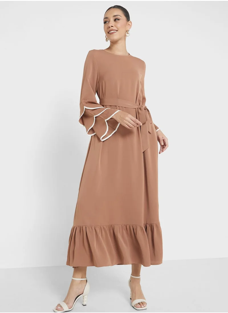 Khizana Contrast Trim Belted Dress