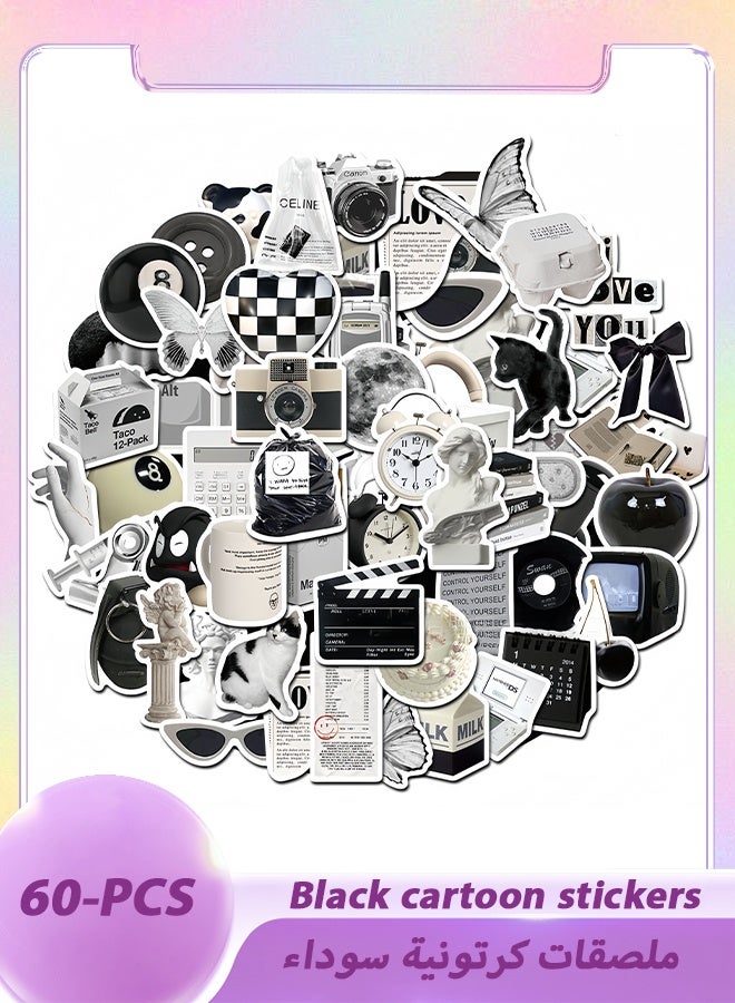 60pcs Black and White Stickers Pack, Aesthetic INS Style Waterproof Stickers for Laptop, Journal, Phone Case, DIY Crafts - Image 1
