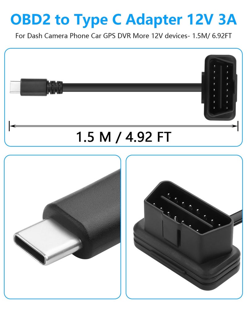 CERRXIAN OBD Power Cable Right Angle OBD2 to Type C Adapter 12V OBD II Male to 12V 3A USB Male Connector for Dash Camera Phone Car GPS DVR More 12V Devices 15M 492FT - Image 2