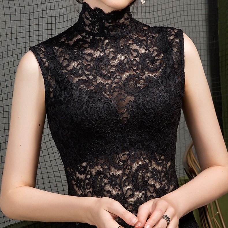 New Half Turtleneck Fake Collar Slim Lace Shirt T-Shirt for Women Korean Style Tight and Stylish Cut Out Bottoming Shirt - Image 3