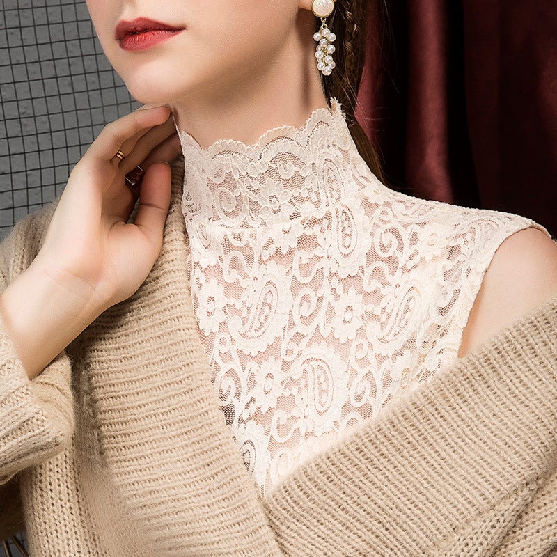 New Half Turtleneck Fake Collar Slim Lace Shirt T-Shirt for Women Korean Style Tight and Stylish Cut Out Bottoming Shirt - Image 2