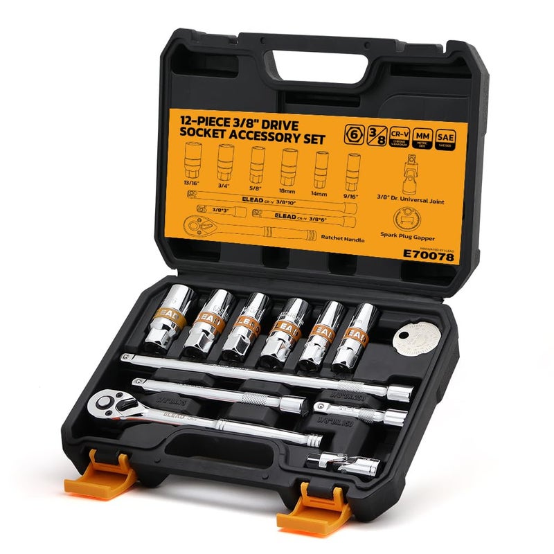 طقم مفاتيح شمعات الإشعال 12 قطعة 38 مع مقبض رافعة وصلة عالمية ومفك شمعات الإشعال وقضبان تمديد 916 58 34 1316 14mm 18mm مفاتيح CRV مع حلقات مطاطية للحفاظ عليها