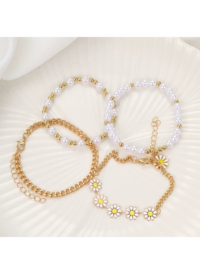 Generic 4-Piece Daisy Pearl Bracelet Set for Women – Cute Flower Charm Chain Bracelets, Elegant Beaded Jewelry for Girls  - Image 2