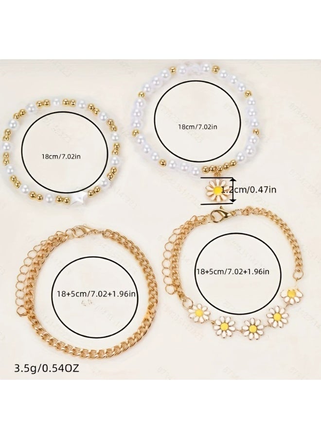 Generic 4-Piece Daisy Pearl Bracelet Set for Women – Cute Flower Charm Chain Bracelets, Elegant Beaded Jewelry for Girls  - Image 4