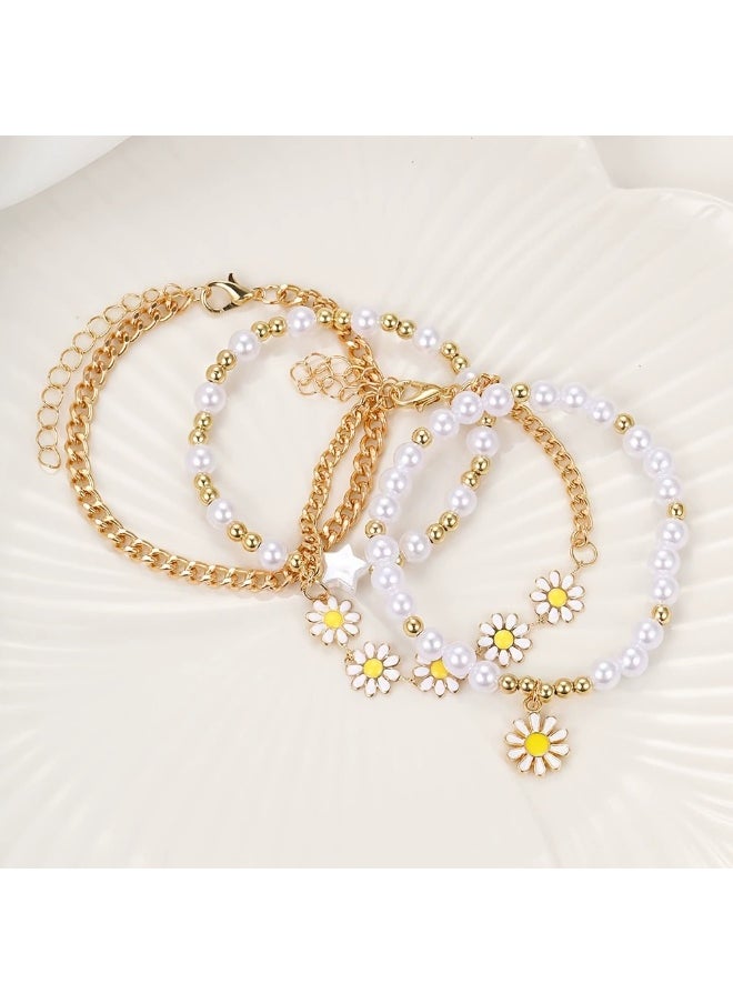 Generic 4-Piece Daisy Pearl Bracelet Set for Women – Cute Flower Charm Chain Bracelets, Elegant Beaded Jewelry for Girls  - Image 3