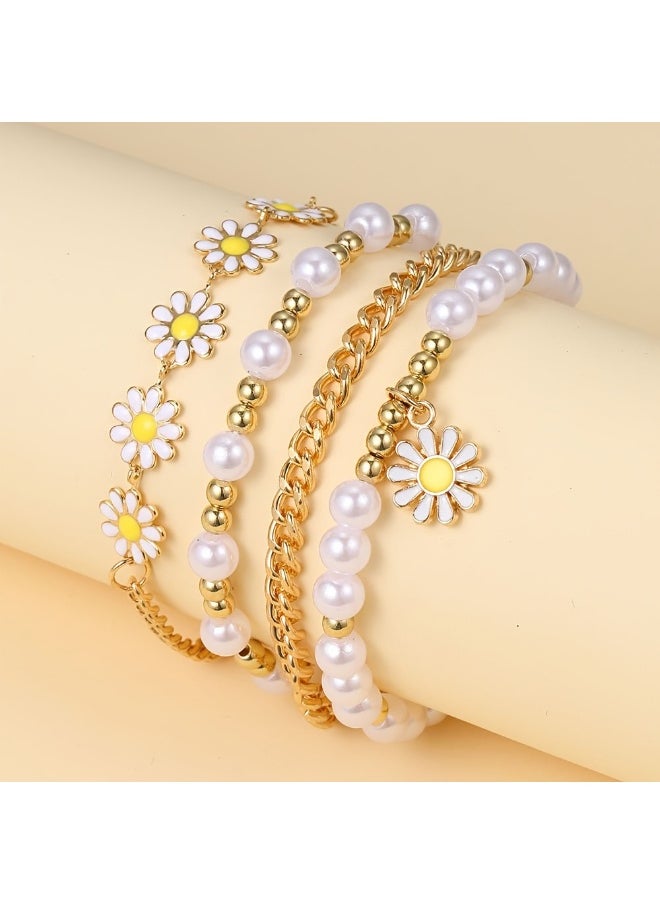 Generic 4-Piece Daisy Pearl Bracelet Set for Women – Cute Flower Charm Chain Bracelets, Elegant Beaded Jewelry for Girls  - Image 1