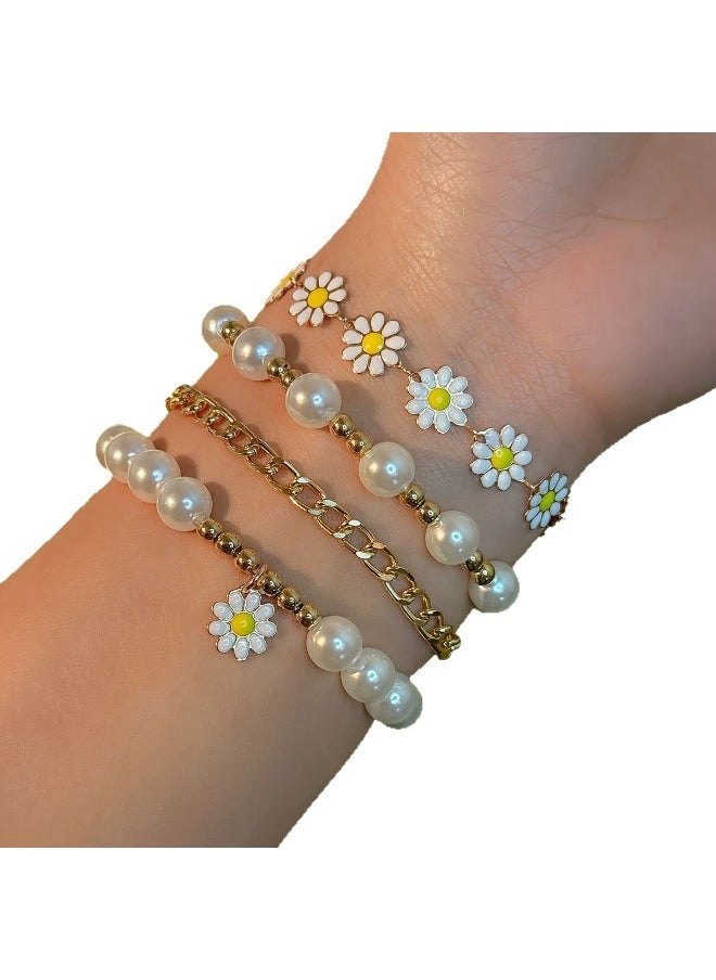 Generic 4-Piece Daisy Pearl Bracelet Set for Women – Cute Flower Charm Chain Bracelets, Elegant Beaded Jewelry for Girls  - Image 5