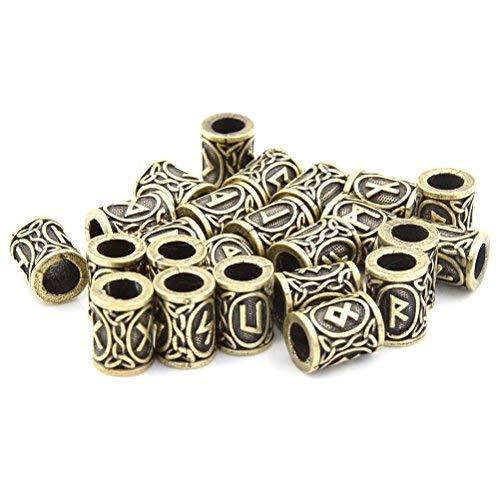 Eshylala 24 Pieces Norse Viking Rune Beads Antique Style DIY Accessories for Hair Beard Pendant Bracelet Making Vintage Metal Craft Beads Suitable for Men Women Handmade Jewelry Hair Decor - Image 1