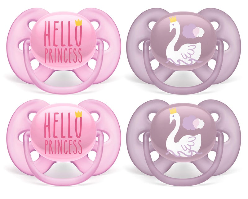 Avent Philips AVENT Ultra Soft Pacifier, 6-18 Months, Hello Princess & Swan Designs, 4 Pack, SCF223/42, Pink - Image 1