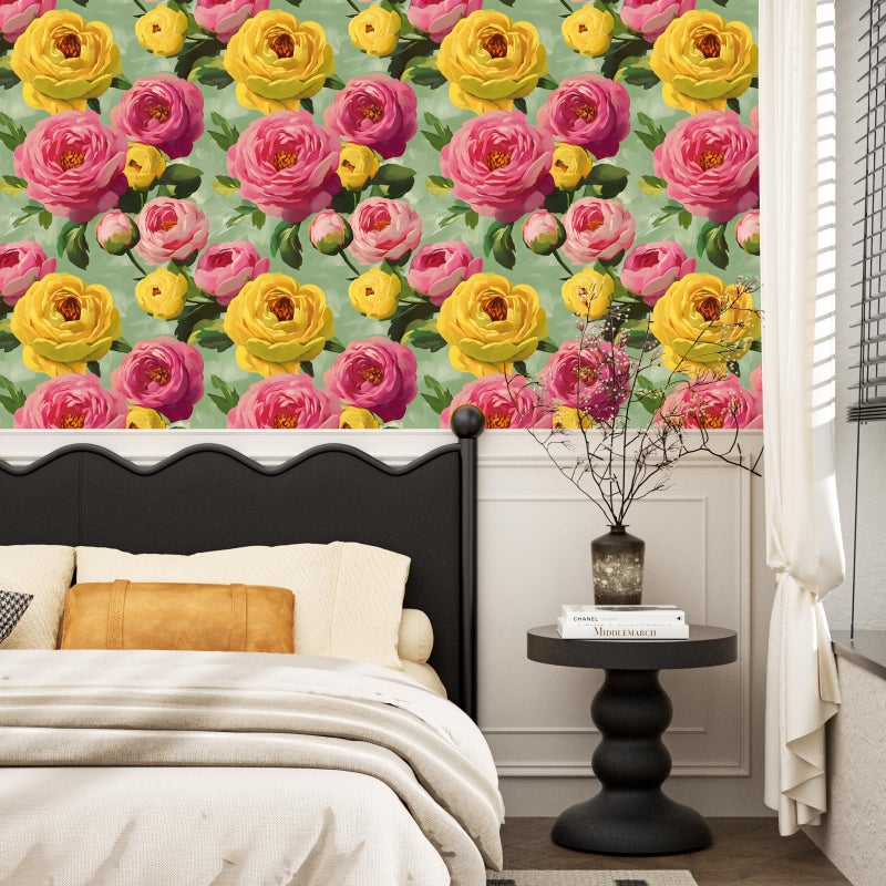 BOKEBEVE Colorful Floral Wallpaper Stick and Peel Vibrant Wall Paper Modern Boho Flowers Contact Paper for Bedroom Bathroom Yellow Pink Green Removable Renter Friendly 17.5 x 118In - Image 4