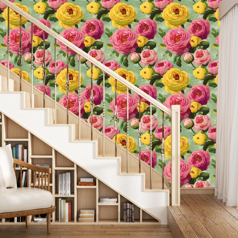 BOKEBEVE Colorful Floral Wallpaper Stick and Peel Vibrant Wall Paper Modern Boho Flowers Contact Paper for Bedroom Bathroom Yellow Pink Green Removable Renter Friendly 17.5 x 118In - Image 3