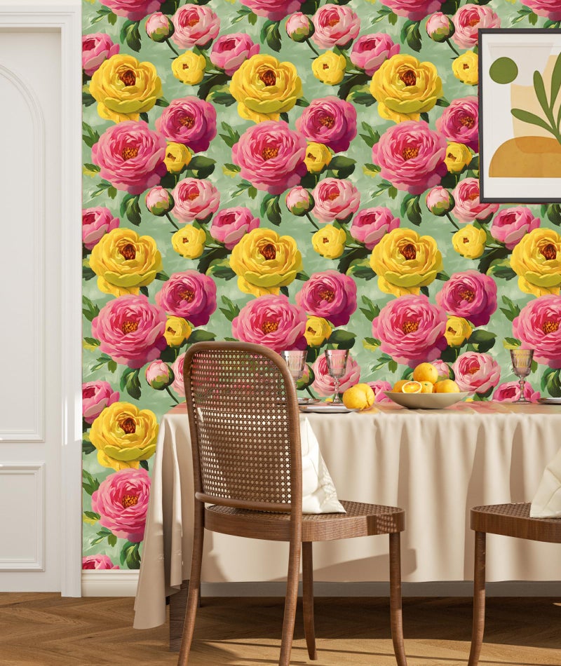 BOKEBEVE Colorful Floral Wallpaper Stick and Peel Vibrant Wall Paper Modern Boho Flowers Contact Paper for Bedroom Bathroom Yellow Pink Green Removable Renter Friendly 17.5 x 118In - Image 2