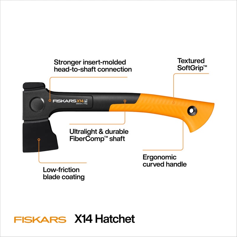 Fiskars X14 Universal Hatchet 14", Forged Steel Blade for Limbing & Chopping Kindling, Ergonomic Curved FiberComp Handle & Low-Friction Coating for Clean Cuts in Fresh Resinous Wood - Image 3