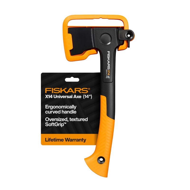 Fiskars X14 Universal Hatchet 14", Forged Steel Blade for Limbing & Chopping Kindling, Ergonomic Curved FiberComp Handle & Low-Friction Coating for Clean Cuts in Fresh Resinous Wood - Image 1