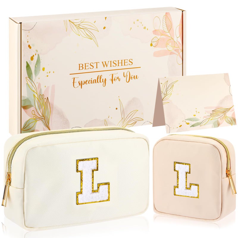 Abbylike Monogram Makeup Bag 2 Pcs Preppy Cosmetic Bag Bridesmaid Gift Bachelorette Party Favors Personalized Birthday Gift for Women Initial Toiletry Packet Nylon Chenille Letter PouchLetter L