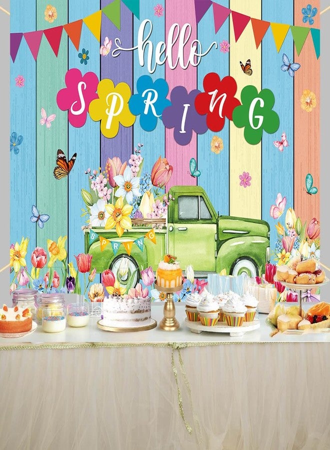 CINRAY Hello Spring Banner Backdrop 6x4FT Spring Truck Tulips Flowers Colorful Wood Photography Background Springs Easter Party Decorations Photo Props - Image 2